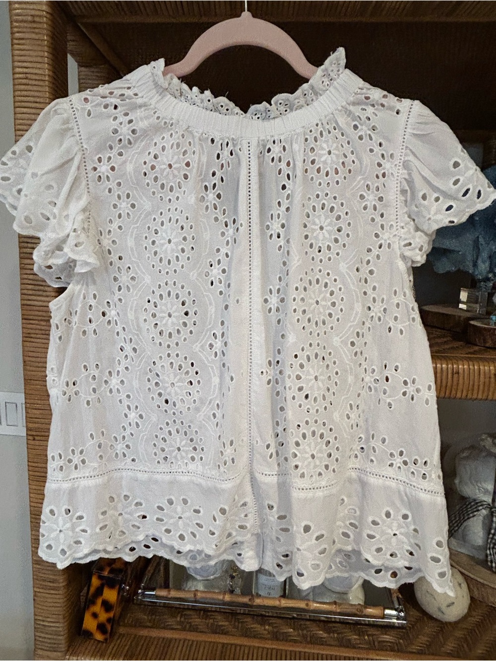 Women's White Eyelet Ruffle Sleeve Top